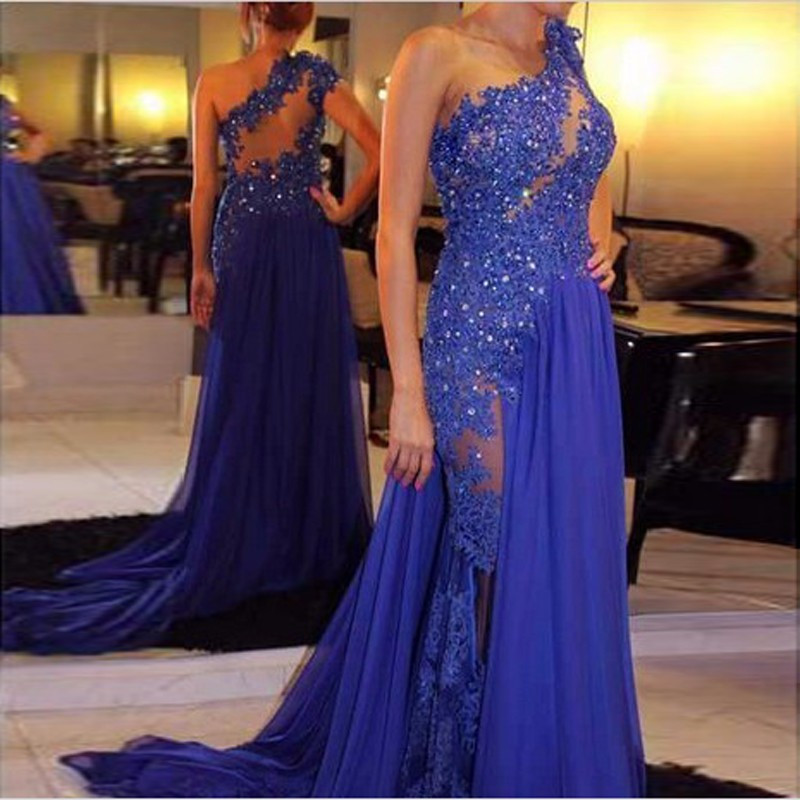 Blue Floral Pattern One-Shoulder Sequin Prom Dress with High Slit